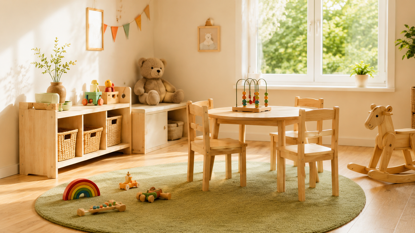 Heller Spielraum mit Holzmöbeln, Spielzeug und warmem Tageslicht